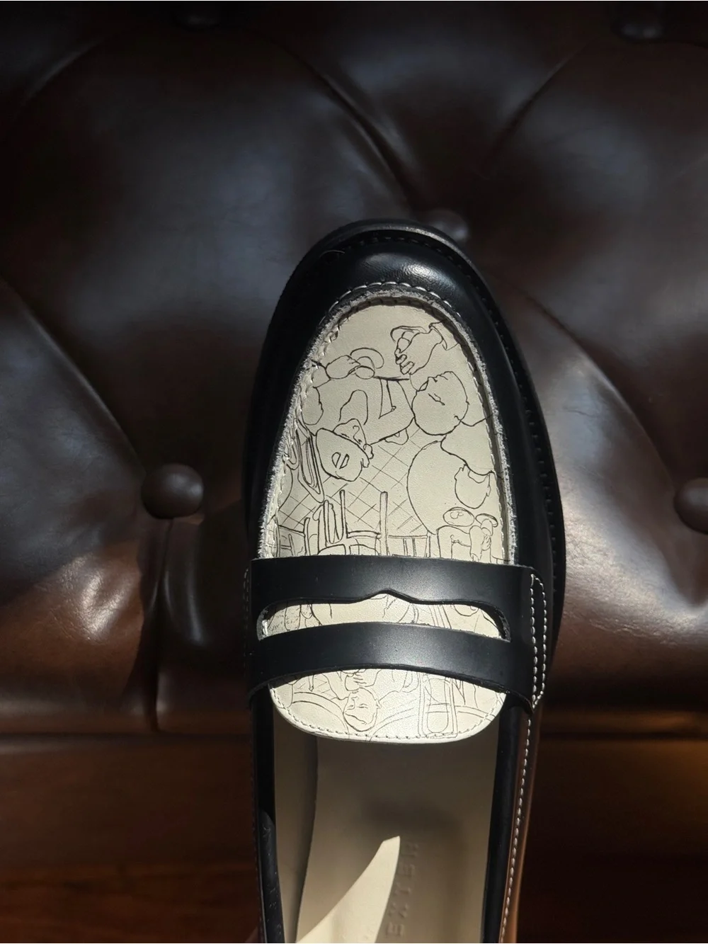 New York NY Cafe Black Leather Penny Loafer with Printed Cream Toe